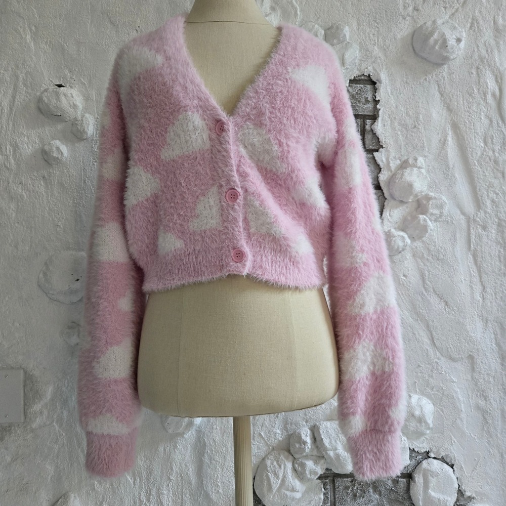 Pink Fuzzy Heart Pattern V-Neck Cardigan